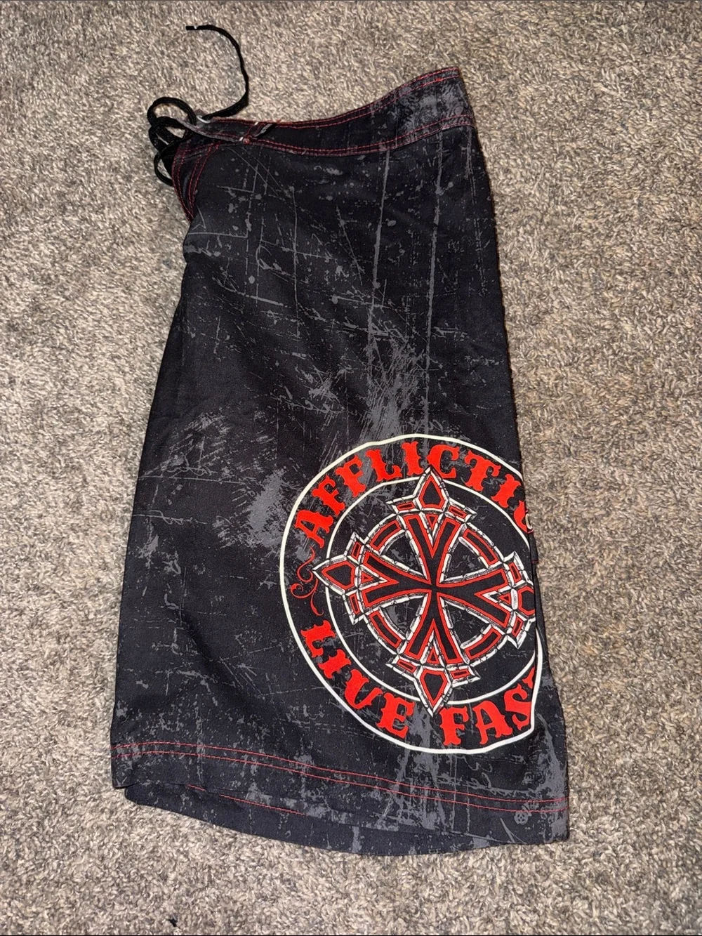 Mens Affliction Black Swim Board Shorts with Red Graphic Accent